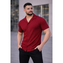 Velmora Fashion Erkek Waffle Kumaş Kısa Kollu Düğmeli Açık Yaka Regular Fit Gömlek - Kırmızı