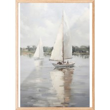 Zestia Ahşap Çerçeveli Duvar Tablosu Minimal Yelkenli – Soft Bej Tonlar Salon Dekoru