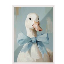 Zestia Beyaz Çerçeveli Duvar Tablosu Mavi Fiyonklu Sevimli Ördek Yağlı Boya Dokulu Çocuk Odası Dekoru