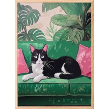 Zestia Ahşap Çerçeveli Duvar Tablosu Botanik Koltukta Kedi – Yeşil Tonlar Salon Dekoru