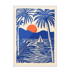 Zestia Beyaz Çerçeveli Duvar Tablosu Mavi Turuncu Palmiye ve Yelkenli Salon Dekoru