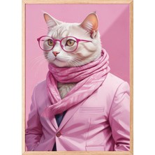 Zestia Ahşap Çerçeveli Duvar Tablosu Pembe Takımlı Kedi Portresi – Gözlüklü Modern Stil Salon Dekoru