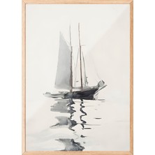 Zestia Ahşap Çerçeveli Duvar Tablosu Minimal Yelkenli – Gri Tonlar Salon Dekoru