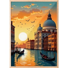 Zestia Ahşap Çerçeveli Duvar Tablosu Venedik Gün Batımı ve Gondol Manzarası Salon Dekoru