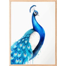 Zestia Ahşap Çerçeveli Duvar Tablosu Zarif Mavi Tavus Kuşu Illüstrasyonu Salon Dekoru