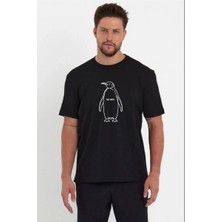 Velmora Fashion Erkek Nihilist Penguen Özel Tasarım Oversize Bisiklet Yaka Tişört - Siyah