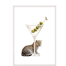 Zestia Beyaz Çerçeveli Duvar Tablosu Leoparlı Martini Illüstrasyonu – Modern Beyaz Fon Salon Dekoru