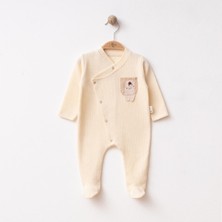 Bebeva Baby Ayıcık Nakışlı %100 Pamuk Çıtçıtlı Erkek Bebek Tulum - Bej