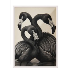Zestia Beyaz Çerçeveli Duvar Tablosu Siyah Tonlarda Üçlü Flamingo Modern Stil Salon Dekoru