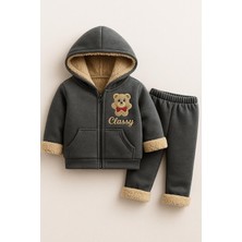 Ayıcık Detaylı Içi Yumuşak Peluşlu Çocuk Kışlık Hoodi ve Eşofman Altı Seti