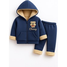 Ayıcık Detaylı Içi Yumuşak Peluşlu Çocuk Kışlık Hoodi ve Eşofman Altı Seti