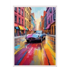 Zestia Beyaz Çerçeveli Duvar Tablosu  Şehir Sokaklarında Klasik Araba Retro Tonlar Salon Dekoru