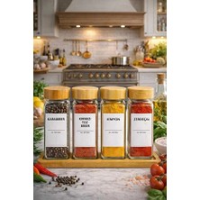 Rosemor 4’lü Baharatlık Set Stantlı Bambu Kapaklı Etiketli Cam Kare Formlu Baharatlık Takımı Serpme Başlıklı