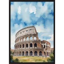 Zestia Siyah Çerçeveli Duvar Tablosu Roma Kolezyumu – Suluboya Mavi Gökyüzü Tonları Salon Dekoru