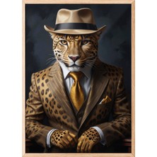 Zestia Ahşap Çerçeveli Duvar Tablosu Altın Takımlı Leopar Portresi – Şapkalı Modern Stil Salon Dekoru