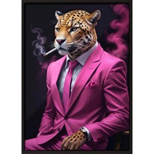 Zestia Siyah Çerçeveli Duvar Tablosu Pembe Takımlı Leopar – Duman Efekti Salon Dekoru