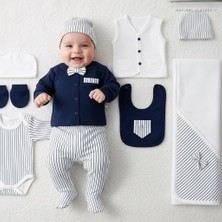 Milays Erkek Bebek 0-3 Ay Papyonlu Çizgili %100 Pamuk 10 Parça Hastane Çıkış Zıbın Seti