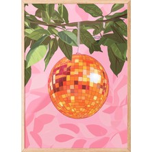 Zestia Ahşap Çerçeveli Duvar Tablosu Modern Disko Topu ve Yapraklar Salon Dekoru