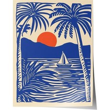 Zestia Poster Mavi Turuncu Palmiye ve Yelkenli Salon Dekoru