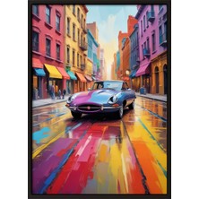 Zestia Siyah Çerçeveli Duvar Tablosu  Şehir Sokaklarında Klasik Araba Retro Tonlar Salon Dekoru