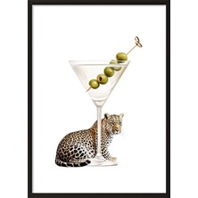 Zestia Siyah Çerçeveli Duvar Tablosu Leoparlı Martini Illüstrasyonu – Modern Beyaz Fon Salon Dekoru