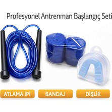 Evlium 3’lü Spor Seti - Atlama İpi Boks Bandajı Dişlik Mavi Renkli Profesyonel Fitness Seti