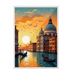 Zestia Beyaz Çerçeveli Duvar Tablosu Venedik Gün Batımı ve Gondol Manzarası Salon Dekoru