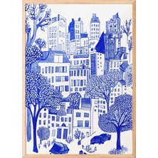 Zestia Ahşap Çerçeveli Duvar Tablosu Mavi Çizim Şehir Manzarası – Minimal Kent Dokusu Salon Dekoru