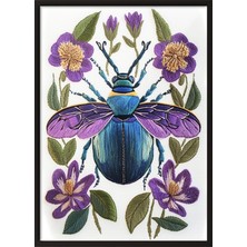 Zestia Siyah Çerçeveli Duvar Tablosu Çiçekli Böcek Nakışı Salon Dekoru