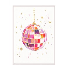 Zestia Beyaz Çerçeveli Duvar Tablosu Retro Disko Topu Genç Odası Dekoru