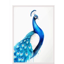 Zestia Beyaz Çerçeveli Duvar Tablosu Zarif Mavi Tavus Kuşu Illüstrasyonu Salon Dekoru