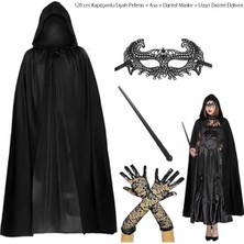 Kuzenler Store 120 cm Kapüşonlu Siyah Pelerin + Asa + Dantel Maske + Uzun Dantel Siyah Eldiven Kostüm Seti
