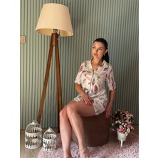 Wanna Moda Cilt Dostu Pamuklu – Yaprak Desenli - Önden Düğmeli Kadın Şort Takımı