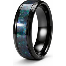 Famex Butik ve Aksesuar Erkek Siyah Çelik Yüzük – Opal Görünümlü Orta Şeritli Modern Tasarım | Paslanmaz, Kararma Yapmaz Şık Erkek Yüzüğü