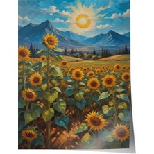 Zestia Poster Ayçiçeği Tarlası ve Dağ Manzarası – Sıcak Gün Işığı Salon Dekoru