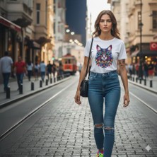 Texrium Renkli Kedi Dtf Baskılı Kadın Reguler Kalıp %100 Pamuk T-Shırt