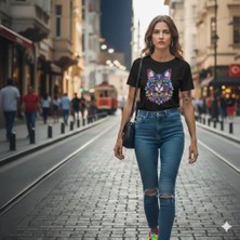 Texrium Renkli Kedi Dtf Baskılı Kadın Reguler Kalıp %100 Pamuk T-Shırt