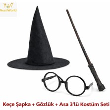 SHC4200 Bfs Harry Potter Tarzı Çocuk Seti (Siyah Keçe Şapka, Asa, Gözlük)