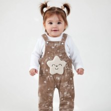 Peluş Yıldız Detaylı Unisex Bebek Salopet Takımı – Yıldız Desenli 2’li Bebek Tulum Seti