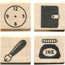 No Kao Stationery Clock, Notebook, Fountain Pen, Ink 4'lü Ahşap Damga Seti.