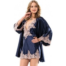 Bipamuk Premium Dantel Detaylı Kadın Saten Ikili Gecelik Sabahlık Takım