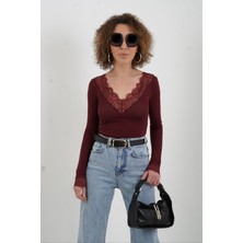 Zelish My Sister Bordo Dantelli Kaşmir Bluz