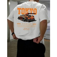 Giyim Center Erkek Turuncu Spor Araba Grafik Tişört - "tokyo" Baskılı Günlük Oversize Kısa Kollu Tişört, Yetişkinler Için Yazlık Giyim, Turuncu Araba Tasarımı - Beyaz