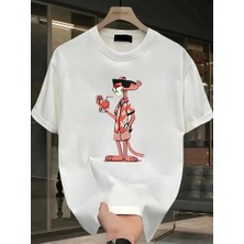 Giyim Center Pembe Panter Baskılı Erkek Oversize Günlük Kısa Kollu Tişört Ilkbahar ve Yaz Için Mükemmeldir - Beyaz