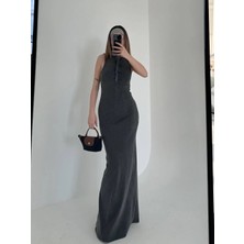 Giyim Center Yırtmaç Detaylı Kolsuz Düğmeli Yıkamalı Uzun Elbise - Antrasit