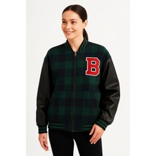 Giyim Center Kadın Kolej Ceket - Kareli Oduncu Kumaş, Kolları Suni Deri, Fermuarlı, Içi Kapitone Astarlı, Nakışlı Oversize Bahar & Kış Stil - Haki