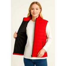 Giyim Center Kadın Şişme Fermuarlı Yelek Su Itici Kapitone Astarlı Kumaş Cepli Hafif Kışlık Spor Rahat Kalıp - Kırmızı