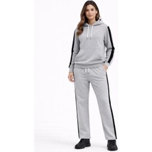 Giyim Center Kadın Yandan Şeritli Eşofman Takım Kapüşonlu Sweatshirt Boru Paça Alt, Oversize 3 Iplik Pamuklu - Gri