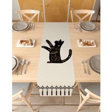 Greendecor Kedi Etnik Uzay Ay Desenli Özel Tasarım Runner Dijital Baskılı Dekoratif Masa Örtüsü Ev Dekorasyonu