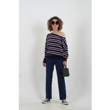 Zelish My Sister Koyu Mavi Paçası Dikişsiz Mom Fit Jean Pantolon